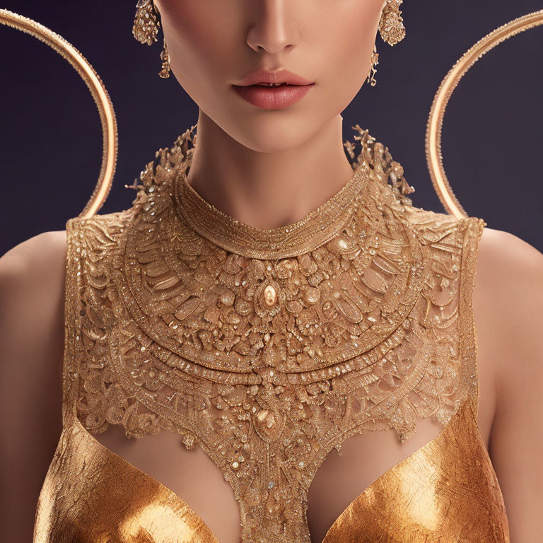 Elaborate gold jewelry on woman against dark background