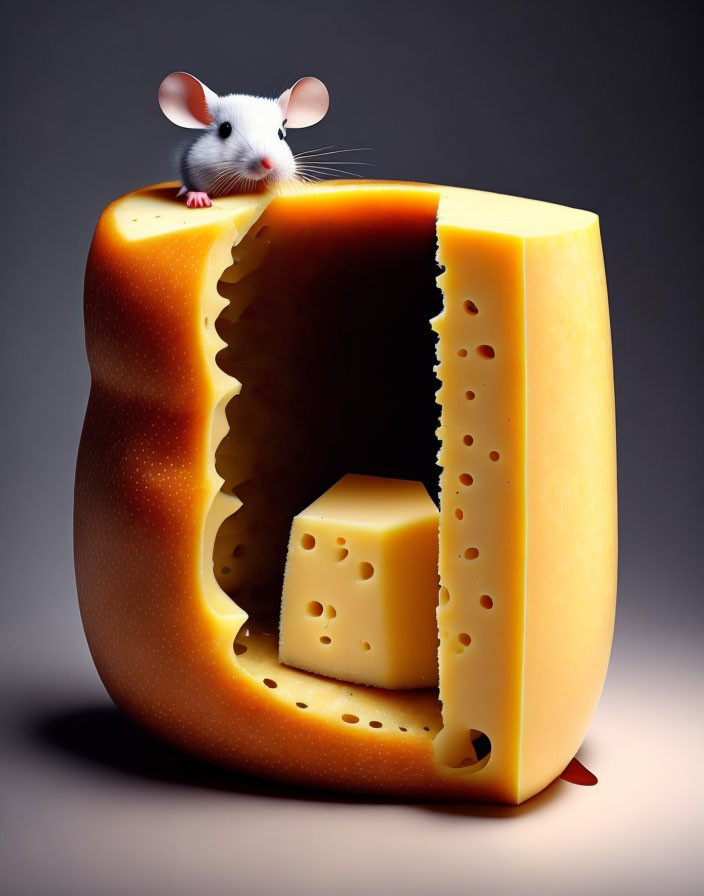 White Mouse on Swiss Cheese Wheel Against Grey Background