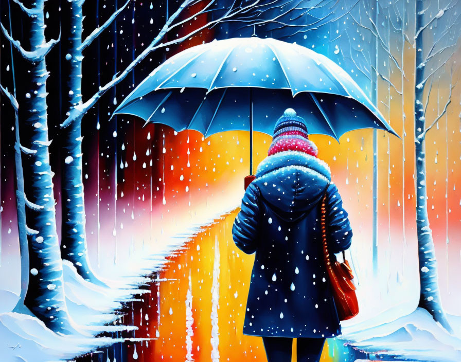 Person in winter attire walking on snowy path under colorful sunset.