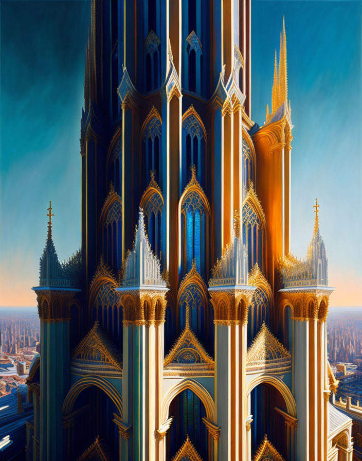 Detailed digital art: Gothic cathedral in a city with towering spires