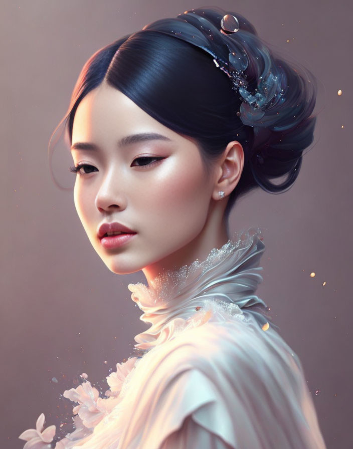 Asian woman with elegant hair, water droplets, and floral attire.