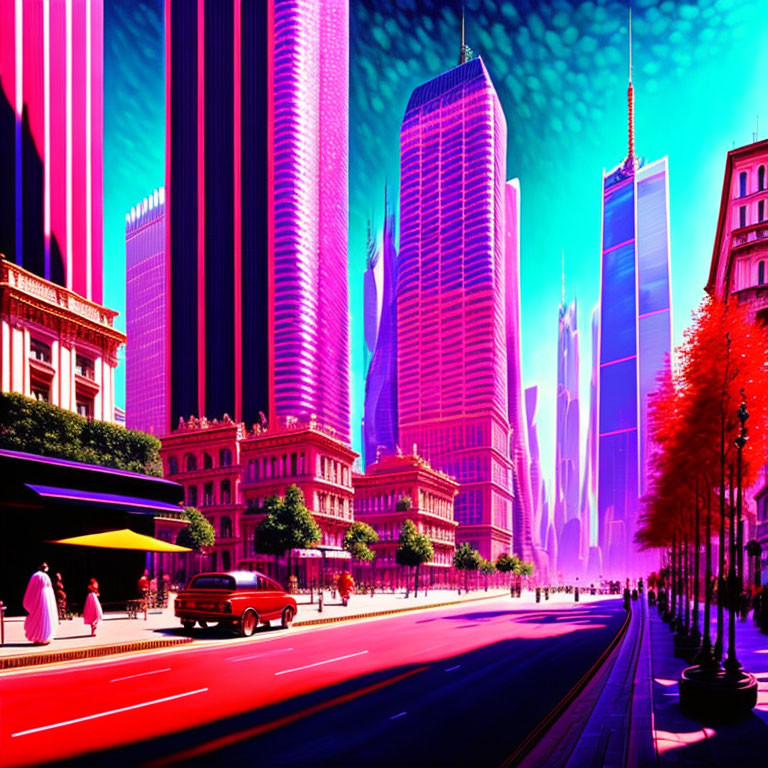 Futuristic cityscape with pink and blue skyscrapers and classic cars