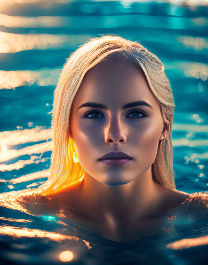 Fair-skinned blonde woman in pool with sunlight on hair.