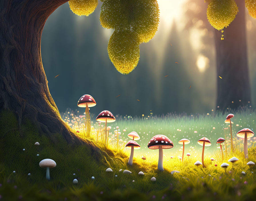 Enchanted forest scene with glowing mushrooms and fireflies at dusk