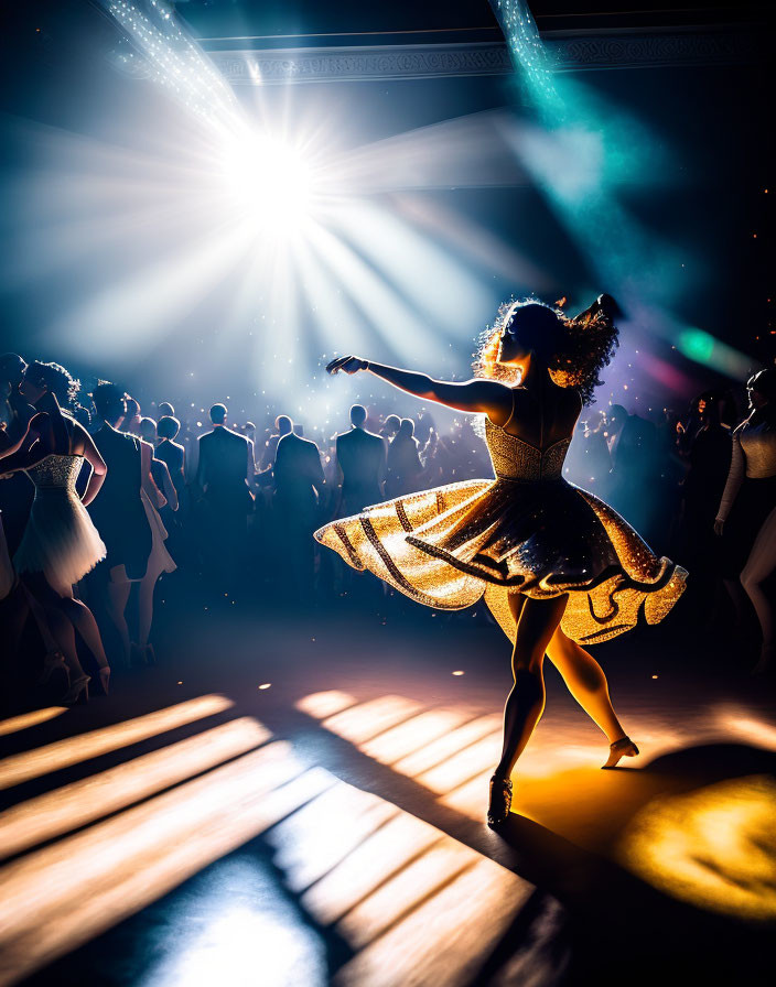 Woman twirling in lit dress on dance floor with crowd and stage lights