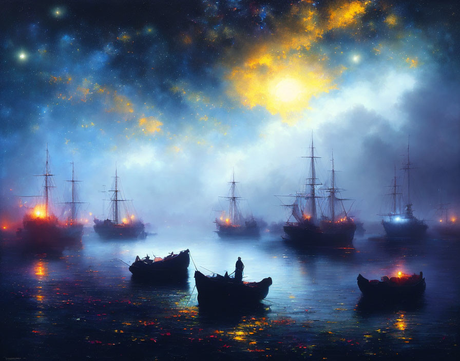 Ships and rowboats under starlit cosmic sky on misty night