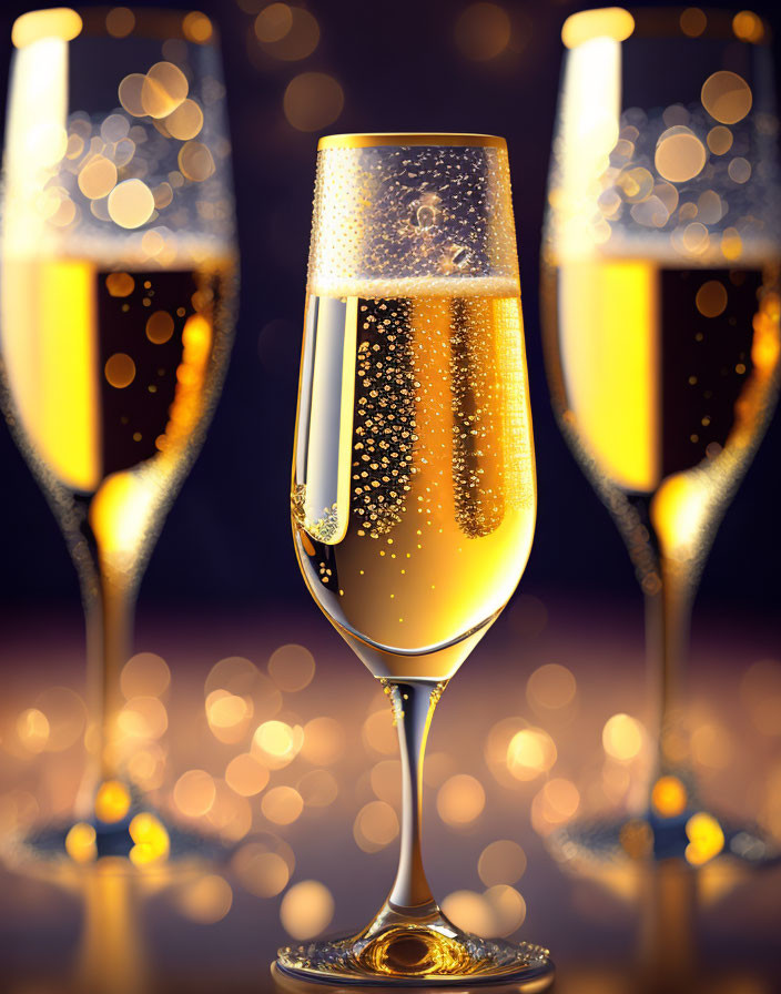 Sparkling champagne glasses against golden bokeh lights