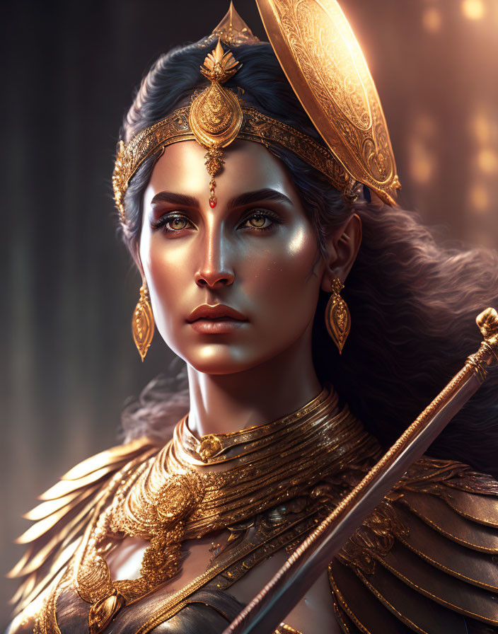 Regal woman adorned in golden jewelry and headdress with a weapon.