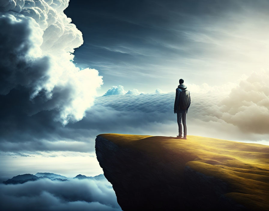 Person admiring dramatic sky on cliff edge at dusk