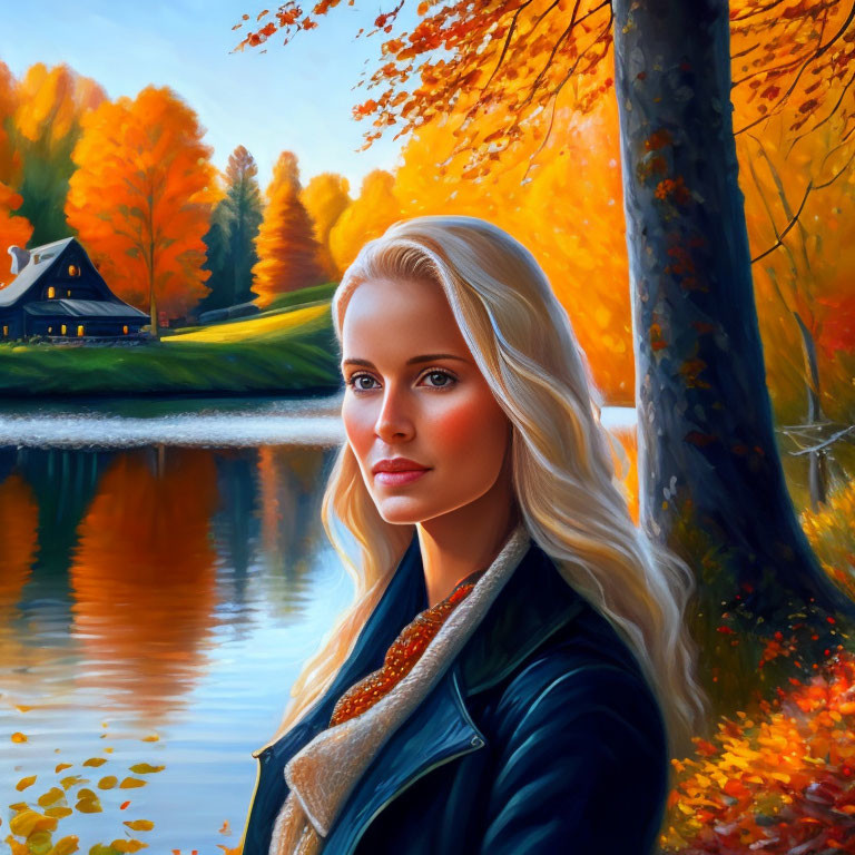 Blonde woman by lake with autumn foliage and cottage