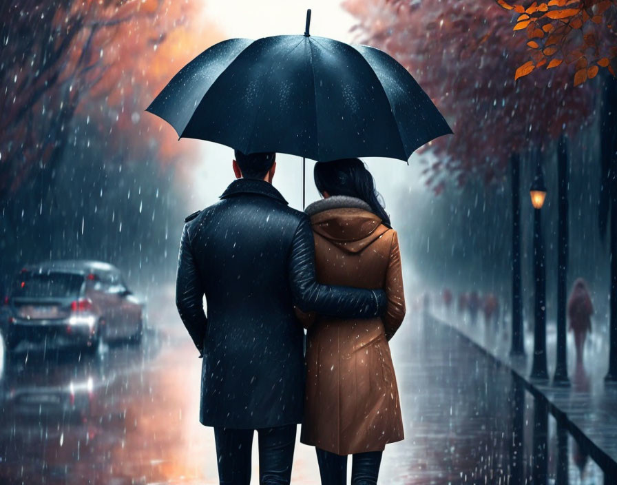 Couple under large umbrella on rainy street with autumn trees