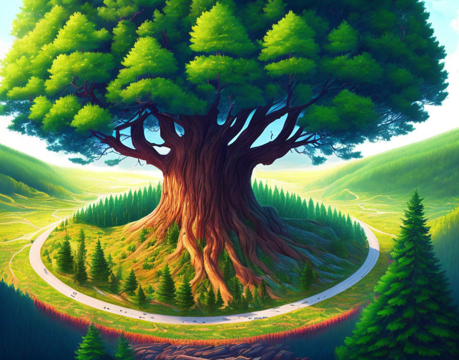 Colorful illustration of giant tree overlooking winding road & green hills