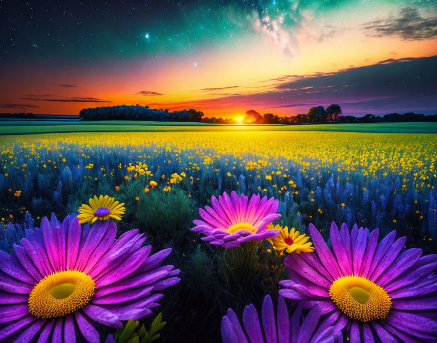 Lush Field with Purple Flowers at Sunset