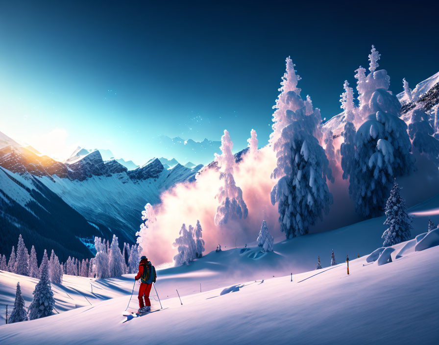 Skier on Snowy Slope with Sunrise and Trees