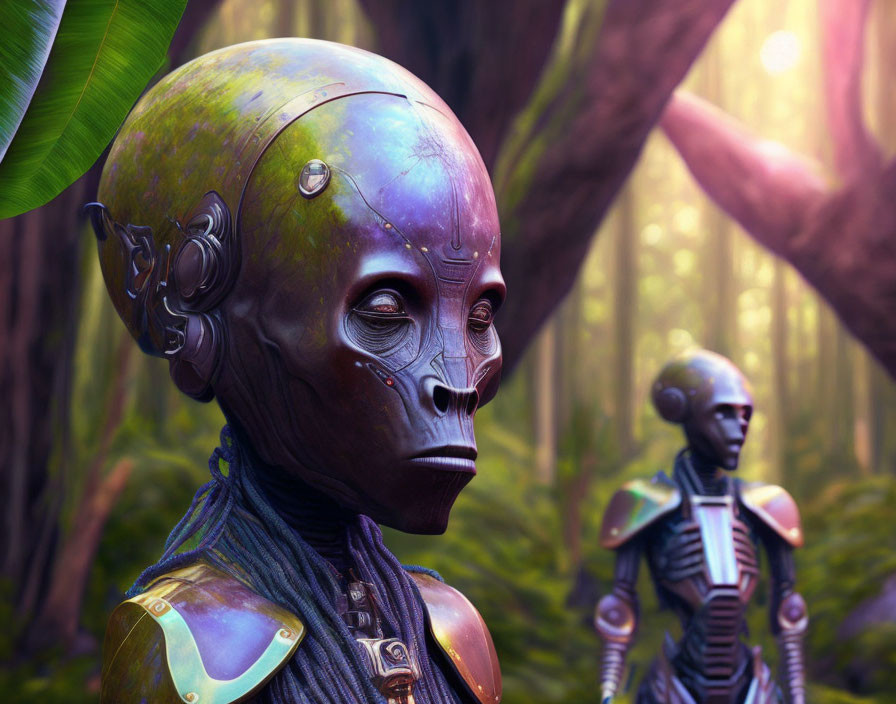 Detailed humanoid robot illustration in mystical forest setting