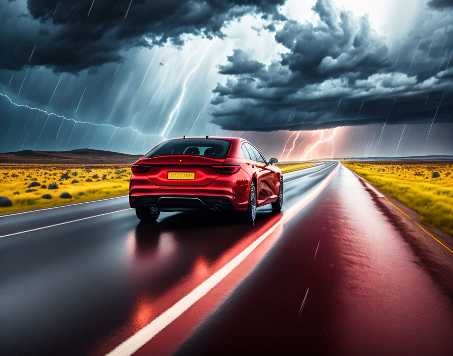 Red sports car racing on wet highway under stormy sky with lightning.