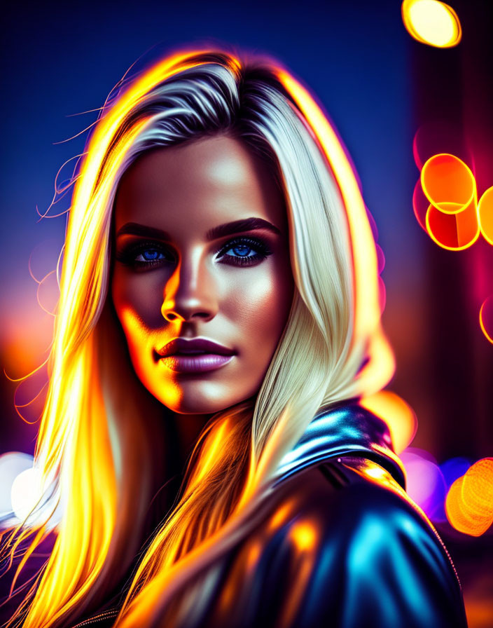 Portrait of woman with blue eyes, blonde hair, neon lights background