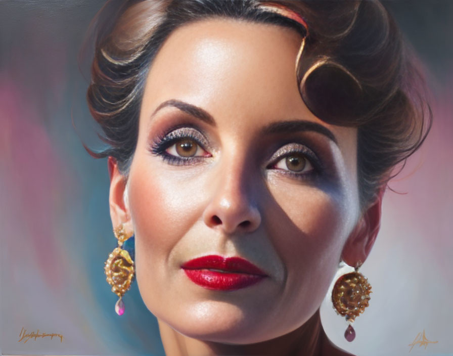 Portrait of a woman with red lipstick and gold earrings