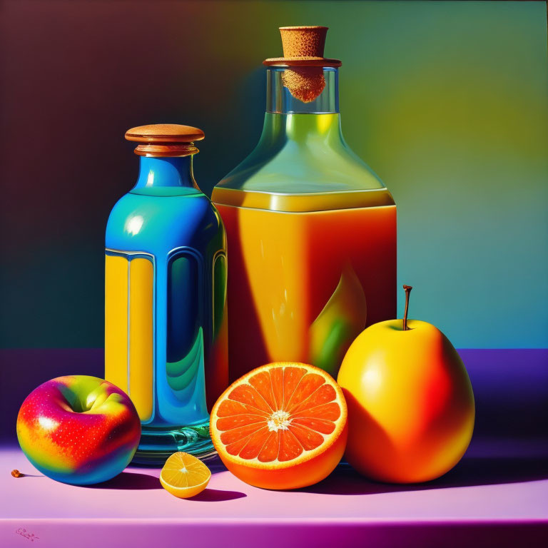 Colorful still life painting with glassware, orange, and apple on purple surface.