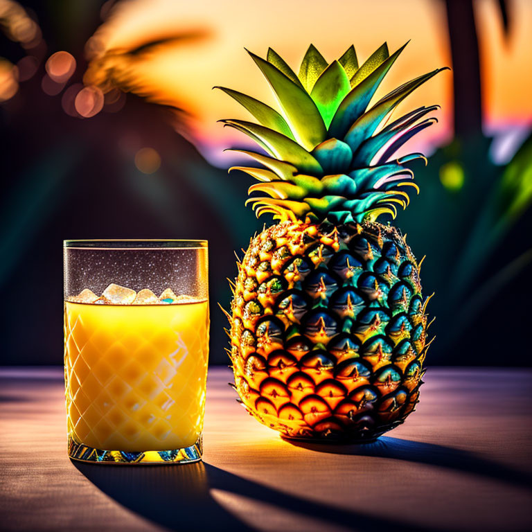 Refreshing orange juice and pineapple on table at sunset