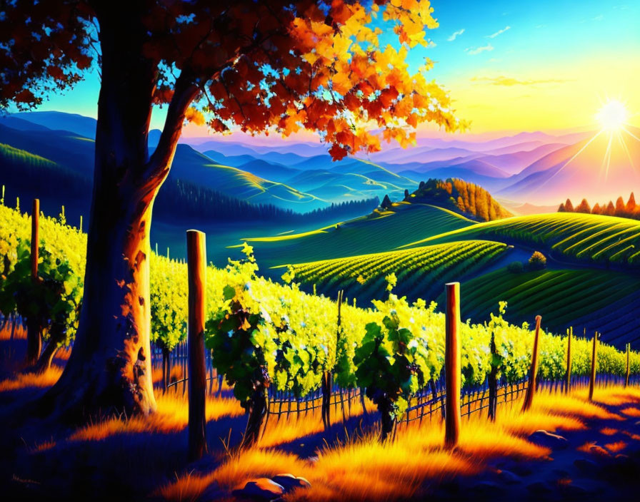 Colorful Vineyard Landscape with Rolling Hills and Sunrise