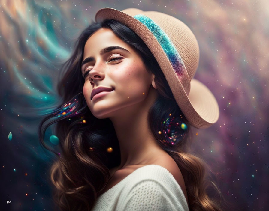 Dark-haired woman in colorful hat surrounded by bubbles and cosmic backdrop.