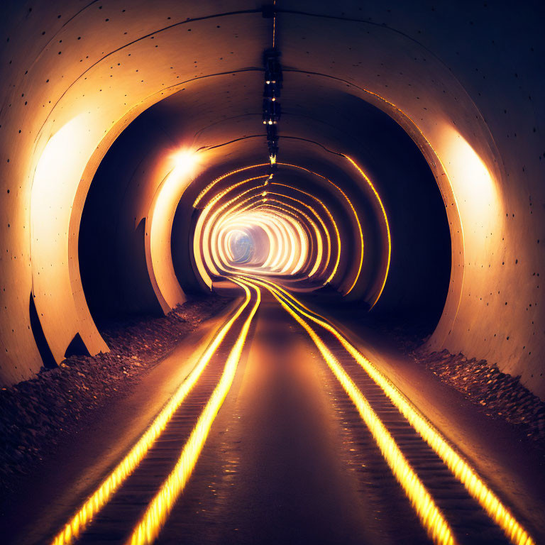 Illuminated Curved Tunnel with Converging Track Lines