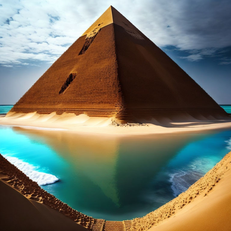 Enormous smooth-sided pyramid in surreal landscape