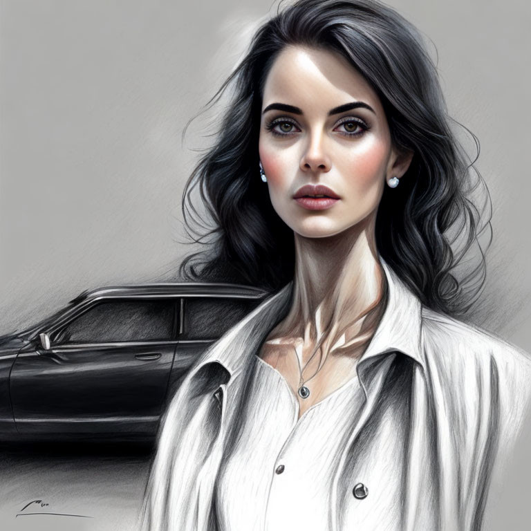 Digital portrait of woman with long dark hair and blue eyes in white shirt with sketch of black car.