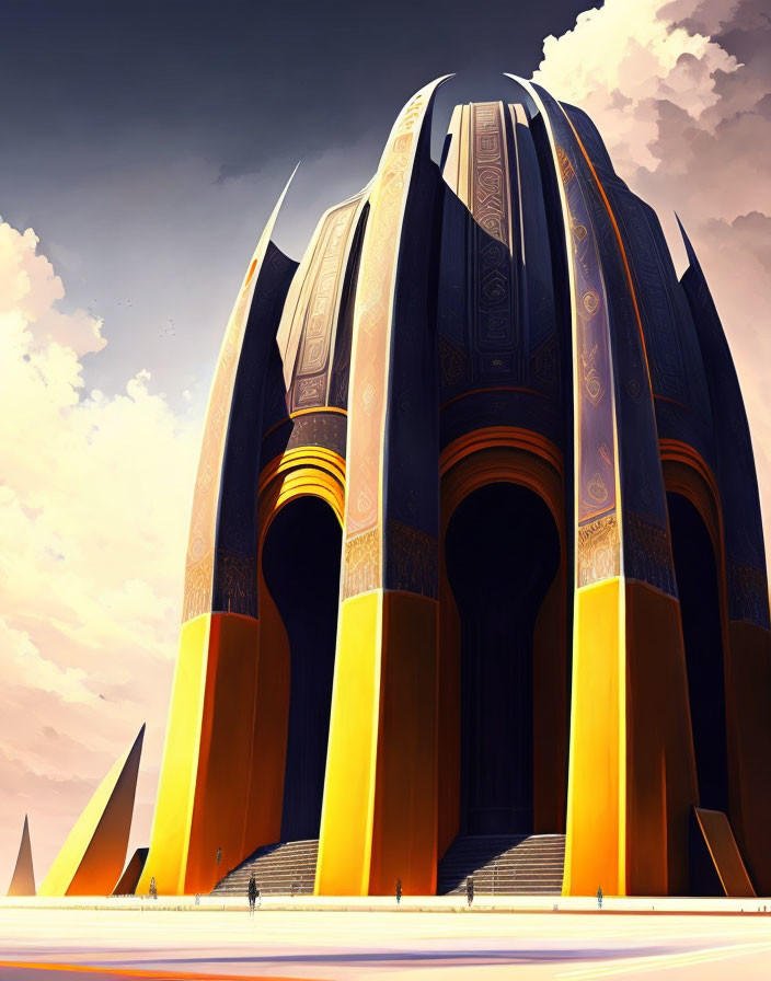 Futuristic golden and black structure with towering columns and arches under warm sky