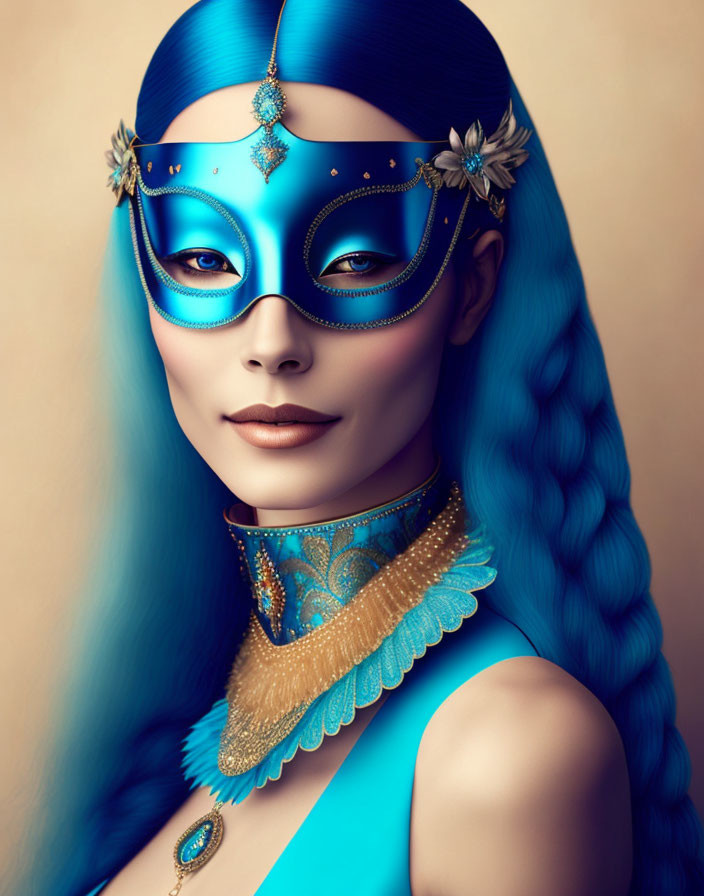 Woman with Blue Hair and Gold Masquerade Mask and Necklace