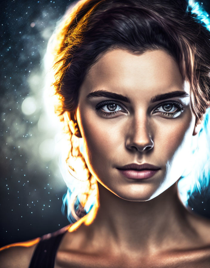 Intense eyes woman portrait with blue and orange lighting on starry backdrop