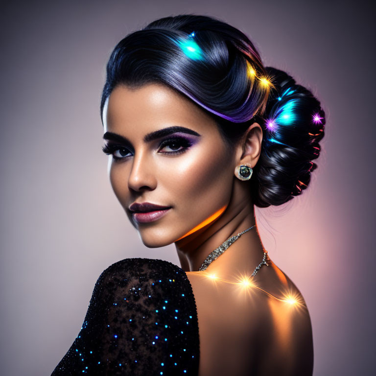 Woman with Glowing Light Hairstyle in Sparkly Attire