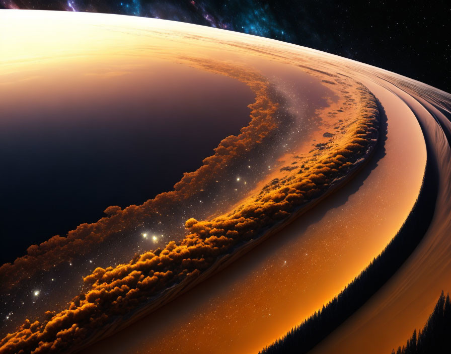 Surrealistic Curved Planetary Horizon with Orange Clouds and Stars