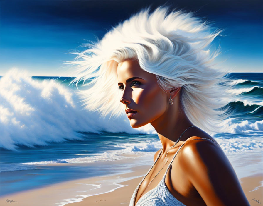 Blonde woman on beach with flowing hair and waves