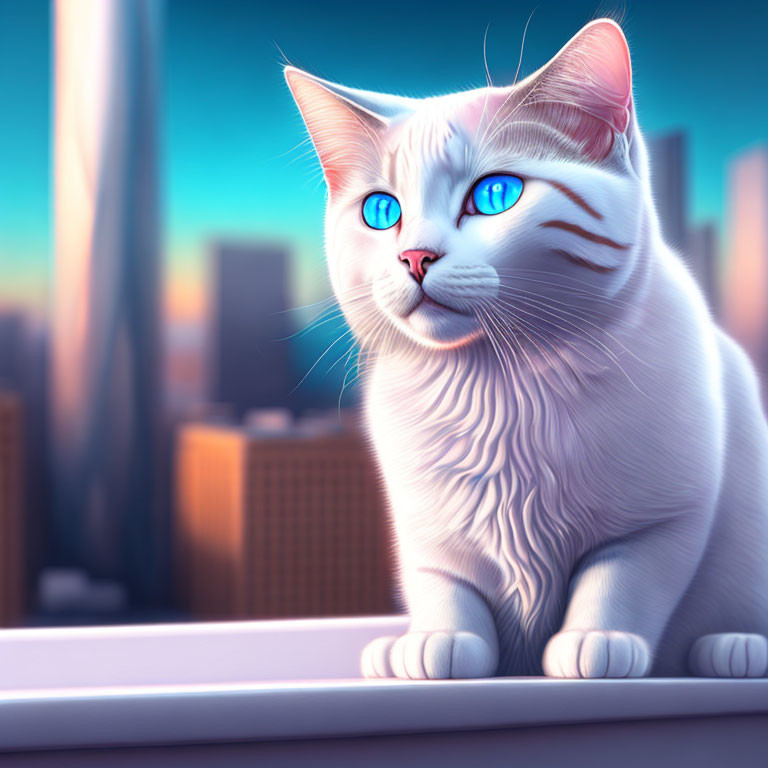 White Cat with Blue Eyes on Ledge Against Sunset Skyscrapers