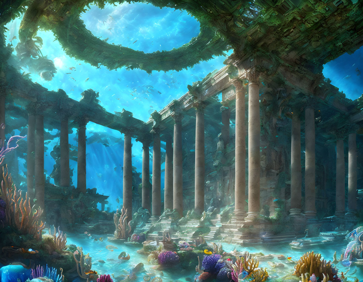 Sunlit underwater scene with ancient Greek ruins and colorful coral fish