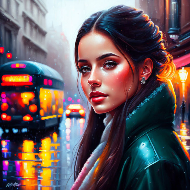 Digital artwork: Woman with glowing skin in green coat on rainy city street