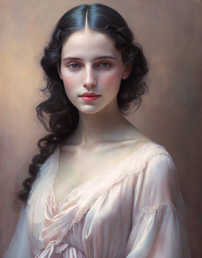 Portrait of woman with long curly dark hair in cream dress