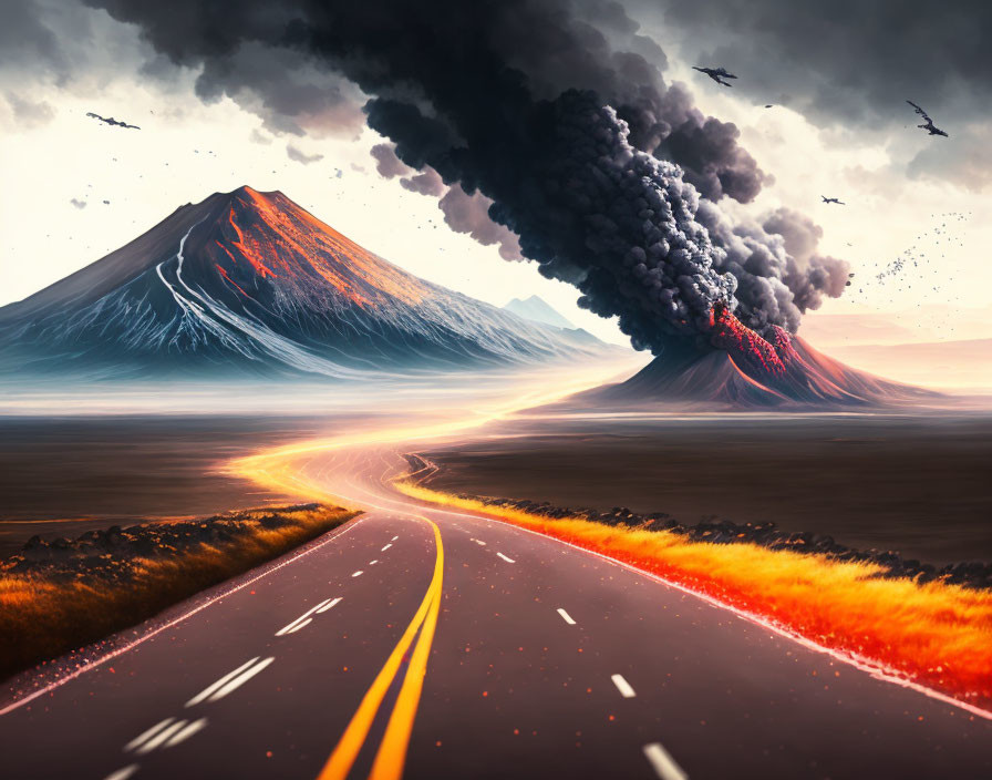 Digital artwork: Road to erupting volcanoes with lava flows and birds in dramatic sky