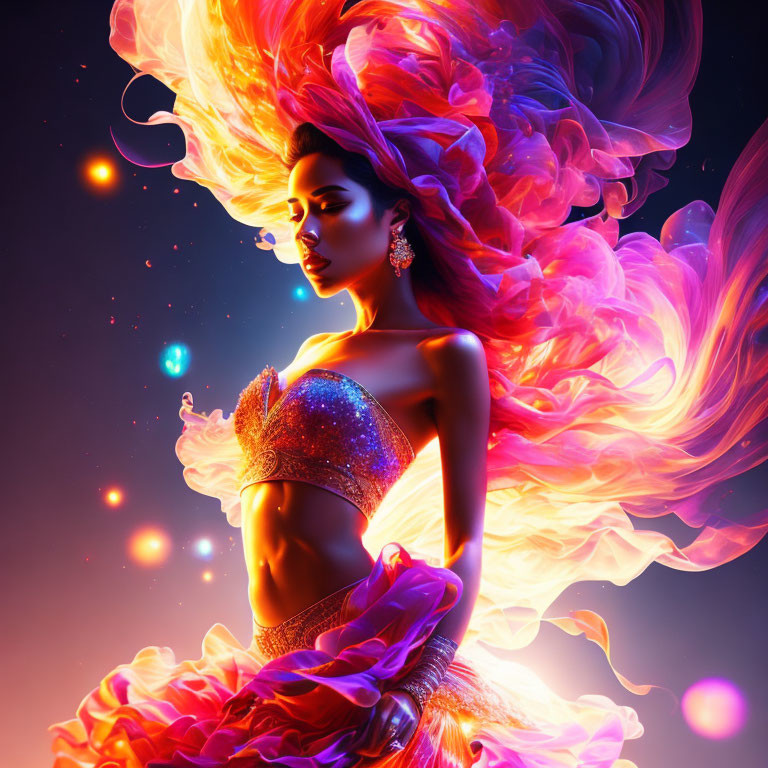 Colorful digital artwork: Woman with flowing hair in cosmic setting