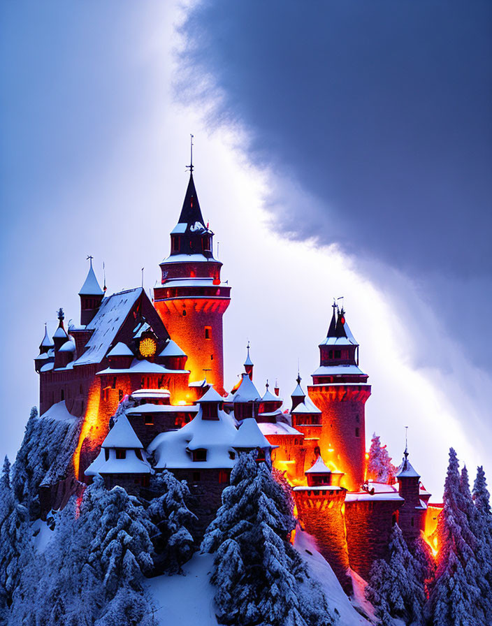 Majestic castle with spires in twilight snowscape