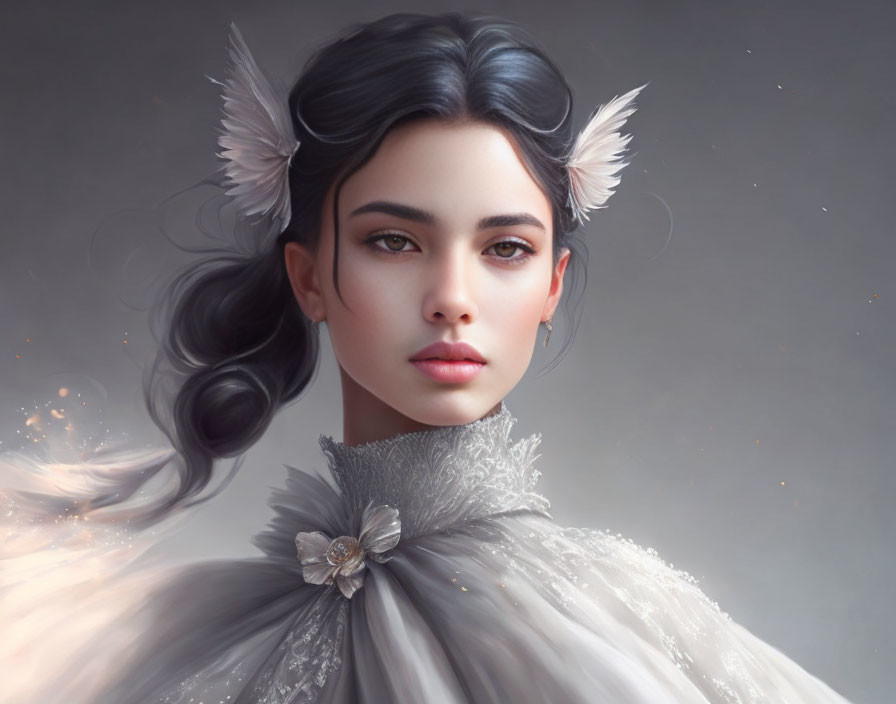 Digital portrait: Woman with feathered ears, glowing accents, elegant dress