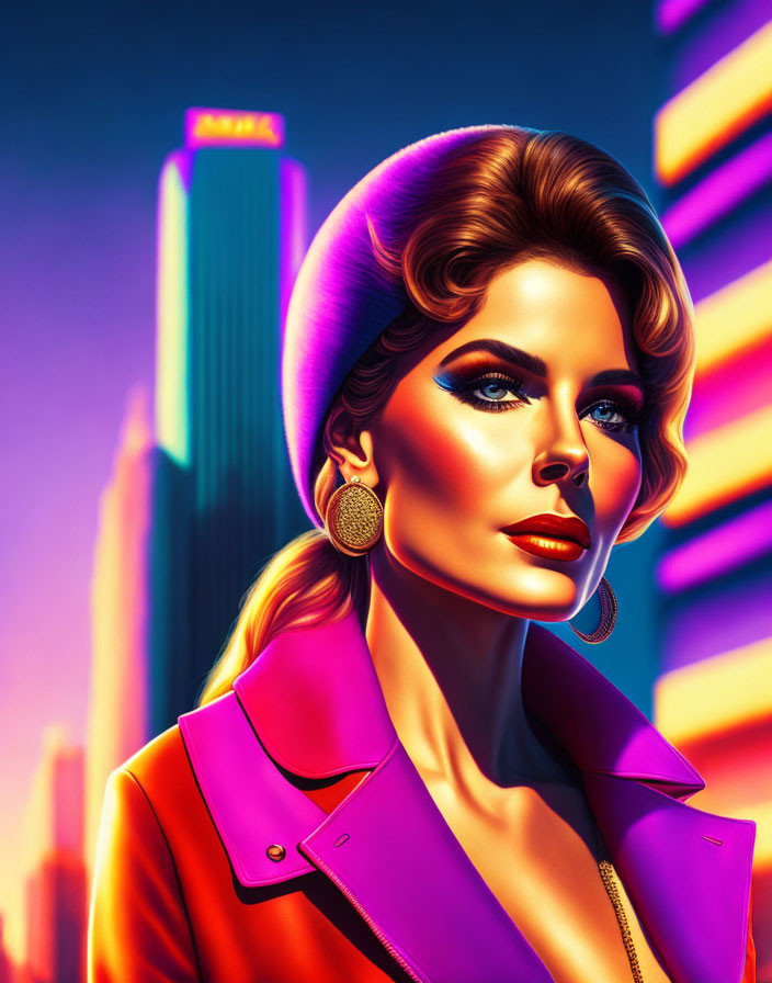 Colorful digital illustration of woman with voluminous hair in pink jacket against neon cityscape.