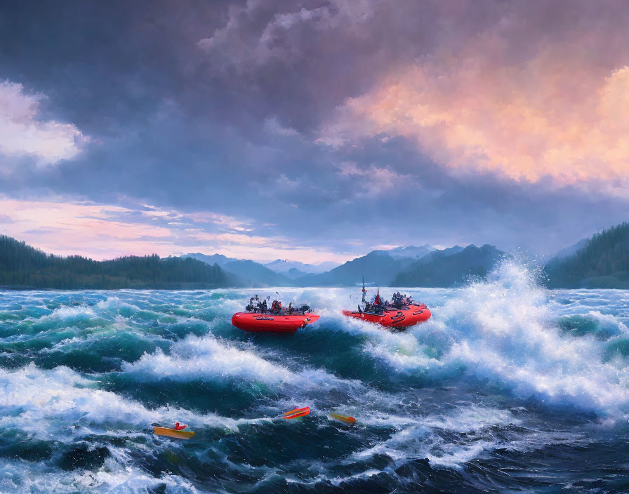 Rafts with people in turbulent waters under dramatic skies