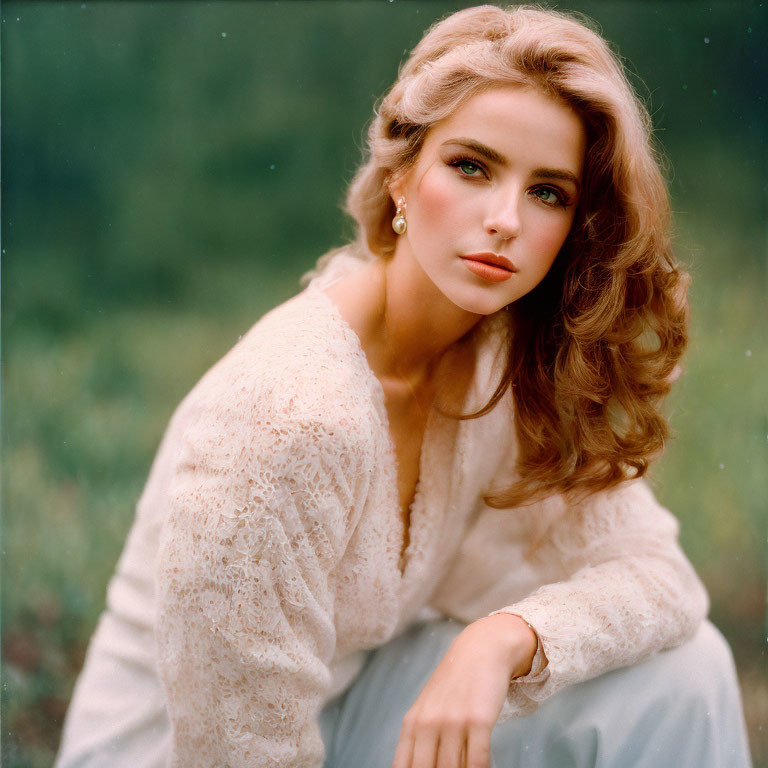 Woman with wavy hair in white lace top against green backdrop