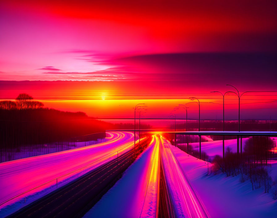 Intense red and purple sunset over snowy highway