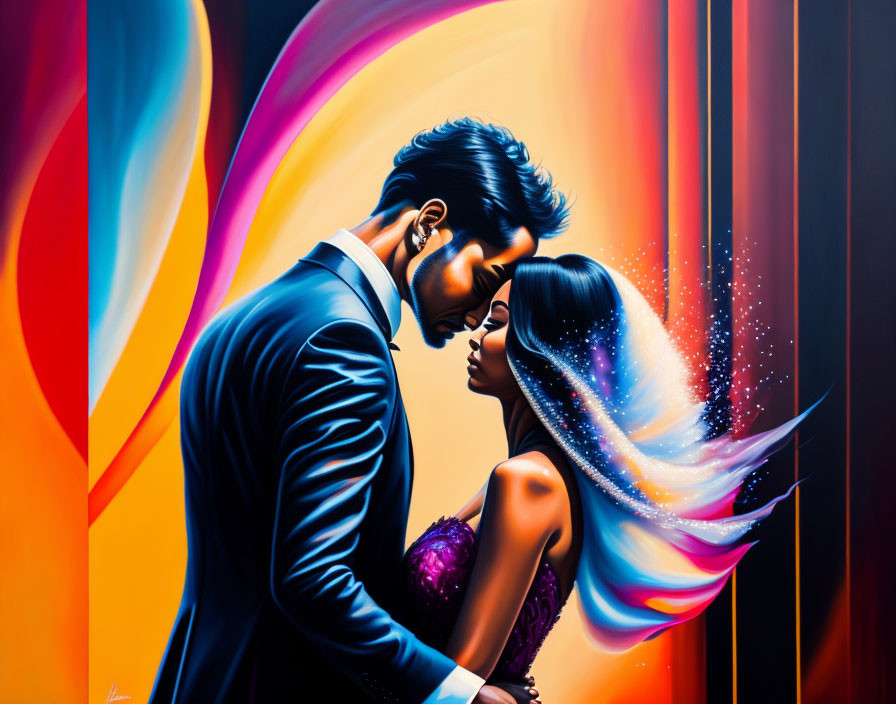 Colorful painting of couple embracing in dark suit and purple dress with abstract lights.