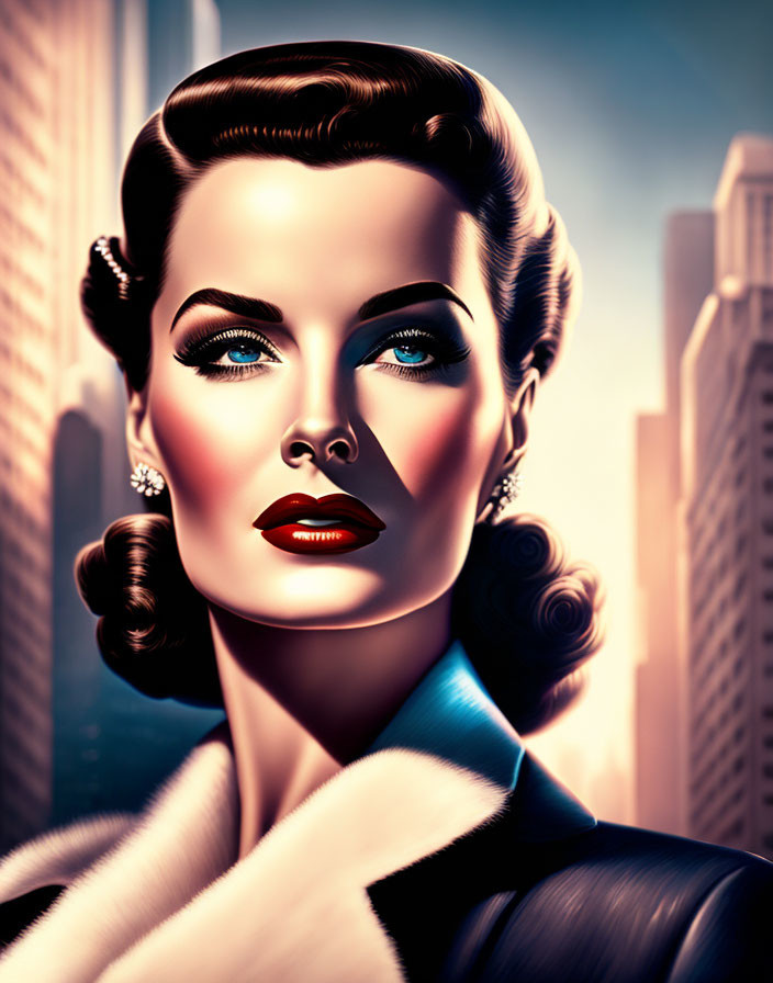 Stylized portrait of a woman with vintage Hollywood glamour and cityscape backdrop