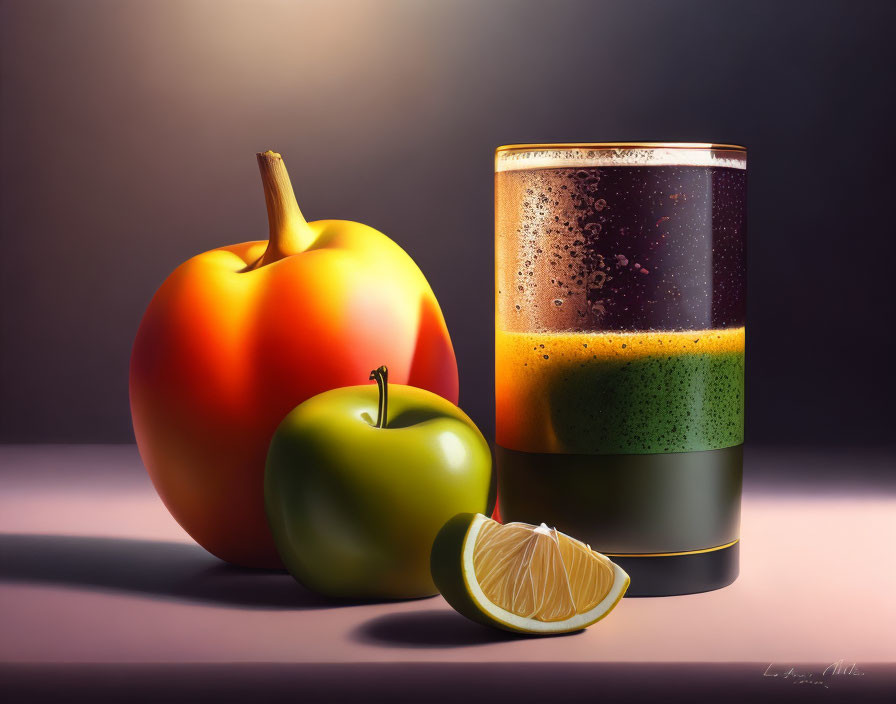 Vibrant still life with yellow and green apples, lemon slice, and layered juice.